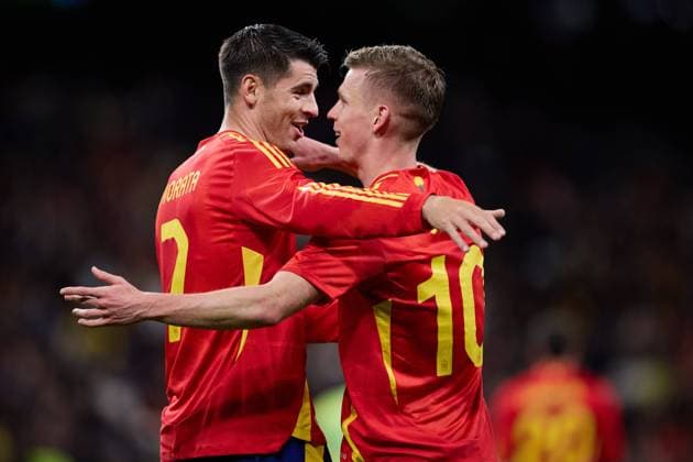 Dani Olmo of Spain celebrates his goal during the International Friendly, Länderspiel, Nationalmannschaft match between Spain and Brazil at Santiago Bernabeu stadium on March 26, 2024 in Madrid, Spain FOOTBALL : Spain v Brazil - International Friendly - 26 03 2024 LGM Panoramic 