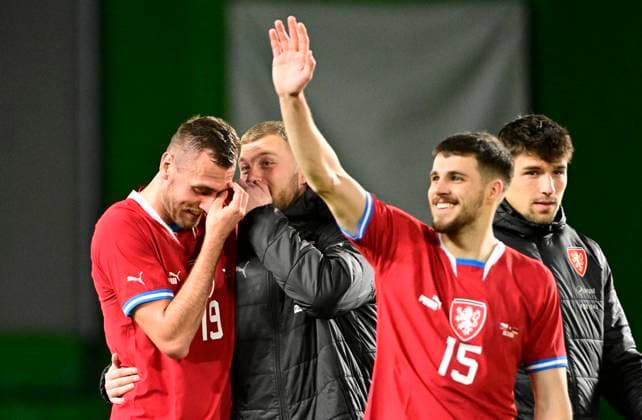 L-R Tomas Chory and David Jurasek (CZE) thank to fans after the Czech team won the friendly soccer match Czechia vs Armenia in Prague, Czech Republic, March 26, 2024. (CTKxPhoto RomanxVondrous) CTKPhotoP2024032609108  CTKPhotoP2024032609108