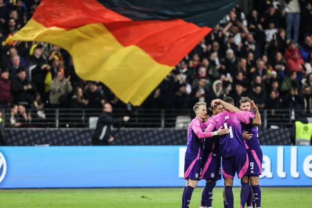 Sport, Soccer, National team season 2023 24 UEFA international match Germany Netherlands 26 03 2024, Deutsche Bank Park Goal celebration Germany after the goal to 2 1 by Niclas Füllkrug Germany, 9 the players are happy Chris Führich Germany, 11 Jonathan Tah Germany, 4 Benjamin Henrichs Germany, 20 Deutsche Bank Park DFB Campus Hessen Germany