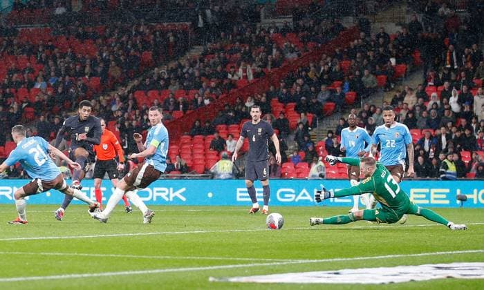 Jude Bellingham (10) scores the 2nd England goal in injury time England v Belgium, International Football Friendly, Wembley Stadium, Wembley, London, UK - 26 03 2024 Editorial use only  Copyright: xMattxImpey Shutterstockx 14406528t