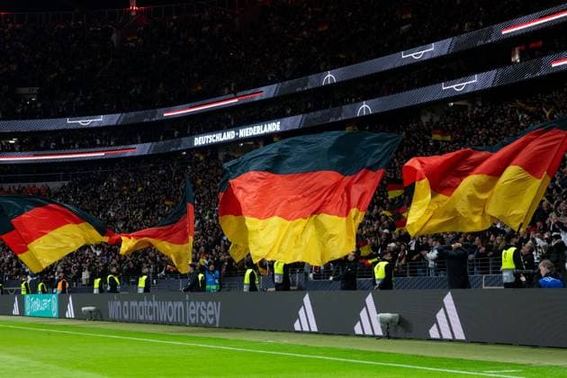 Fans of Germany cheer about the goal to equalize 1 1, flags are waved in front of it, GER, Germany vs Netherlands, DFB Football National Team Men, Laenderspiel, Saison 2023 2024, 26 03 2024 DFB regulations prohibit any use of photographs as image sequences and or quasi video GER, Germany vs Netherlands, DFB Football National Team Men, Laenderspiel, Saison 2023 2024, 26 03 2024 Frankfurt am Main Copyright: xEibner-Pressefoto Memmlerx EP_MMR