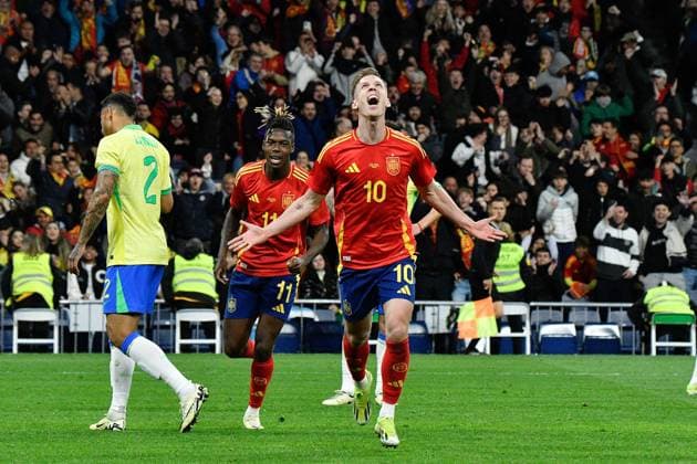 Sport Themen der Woche KW13 Sport Bilder des Tages March 26, 2024, Madrid, Madrid, SPAIN: Dani Olmo of Spain celebrates a goal during the International Friendly, Länderspiel, Nationalmannschaft football match played between Spain and Brazil at Santiago Bernabeu stadium on March 26, 2024, in Madrid, Spain. Madrid SPAIN - ZUMAa181 20240326_zaa_a181_061 Copyright: xAlejandroxReguerox