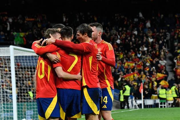 March 26, 2024, Madrid, Madrid, SPAIN: Dani Olmo of Spain celebrates a goal during the International Friendly, Länderspiel, Nationalmannschaft football match played between Spain and Brazil at Santiago Bernabeu stadium on March 26, 2024, in Madrid, Spain. Madrid SPAIN - ZUMAa181 20240326_zaa_a181_064 Copyright: xAlejandroxReguerox