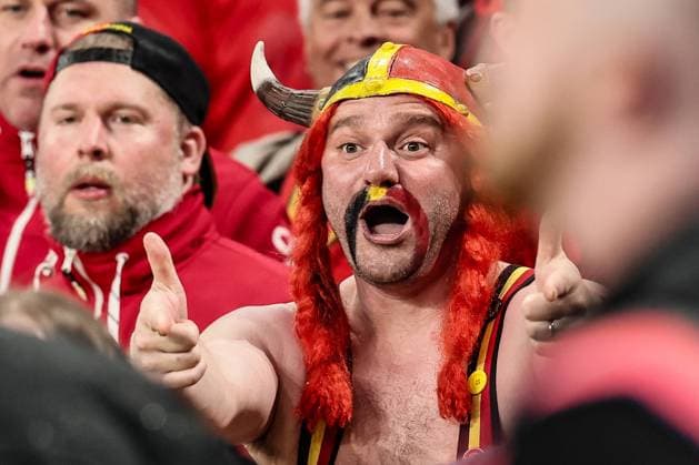 Red Devils supporters pictured at the start of a friendly soccer game between England and Belgian national team, Nationalteam Red Devils, on Tuesday 26 March 2024 in London, United Kingdom. The teams are preparing for this summers Euro 2024 tournament. BRUNOxFAHY  x89900771x