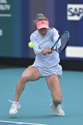MIAMI GARDENS, FL - MARCH 26: Yulia Putintseva (Russia) on the court during Woomen s Singles Quarter Final s at the Miami Open, on March 26, 2026, at Hard Rock Stadium in Miami Gardens, FL. (Photo by Michele Eve Sandberg Icon Sportswire) TENNIS: MAR 26 Miami Open EDITORIAL USE ONLY Icon240326016