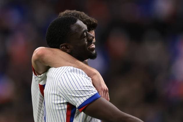 Marseille, , 26th March 2024. Youssouf Fofana of France celebrates with team mate Olivier Giroud after scoring to level the game at 1-1 during the International Friendly, Länderspiel, Nationalmannschaft match at Orange VÃ lodrome, Marseille. Picture credit should read: Jonathan Moscrop Sportimage EDITORIAL USE ONLY. No use with unauthorised audio, video, data, fixture lists, club league logos or live services. Online in-match use limited to 120 images, no video emulation. No use in betting, games or single club league player publications. SPI-3031-0016