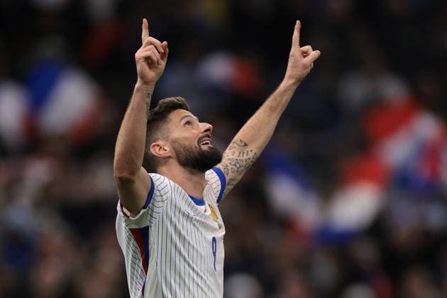 Marseille, , 26th March 2024. Olivier Giroud of France celebrates after scoring to give the side a 3-1 lead during the International Friendly, Länderspiel, Nationalmannschaft match at Orange VÃ lodrome, Marseille. Picture credit should read: Jonathan Moscrop Sportimage EDITORIAL USE ONLY. No use with unauthorised audio, video, data, fixture lists, club league logos or live services. Online in-match use limited to 120 images, no video emulation. No use in betting, games or single club league player publications. SPI-3031-0018