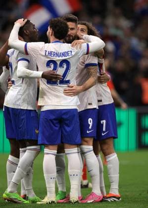 Marseille, , 26th March 2024. Olivier Giroud of France celebrates with team mates after scoring to give the side a 3-1 lead during the International Friendly, Länderspiel, Nationalmannschaft match at Orange VÃ lodrome, Marseille. Picture credit should read: Jonathan Moscrop Sportimage EDITORIAL USE ONLY. No use with unauthorised audio, video, data, fixture lists, club league logos or live services. Online in-match use limited to 120 images, no video emulation. No use in betting, games or single club league player publications. SPI-3031-0021