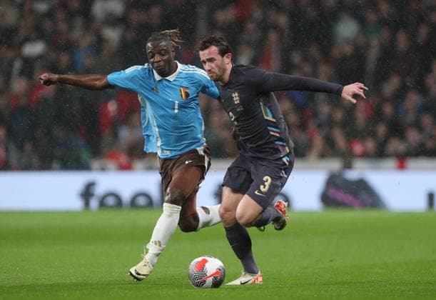 . - England v Belgium, International Friendly, Länderspiel, Nationalmannschaft Match, Wembley Stadium, London, UK. - 26th March 2024. Ben Chilwell of England & Chelsea battles Jeremy Doku of Belgium & Manchester City. - England v Belgium, International Friendly Match, Wembley Stadium, London, UK. - 26th March 2024. London Wembley Stadium UK Copyright: xDanxWeirx CP_England_Belgium_48