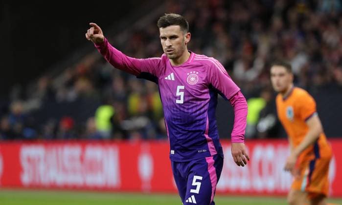 Pascal Groß pointing, gesticulating action upper body Sport Football Soccer international match national team DFB men season 2023 2024 26 03 2024 Germany GER vs Netherlands NED DFL regulations prohibit any use of photographs as image sequences and or quasi video