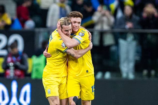 Ukraine v Iceland: UEFA EURO, EM, Europameisterschaft,Fussball 2024 Play-Offs Final Mykhailo Mudryk and Viktor Tsygankov are celebrating after scoring a goal for Ukraine during the UEFA EURO 2024 Play-Offs final match between Ukraine and Iceland in Wroclaw, Poland, on March 26, 2024. Wroclaw Poland  Copyright: xAndrzejxIwanczukx originalFilename:iwanczuk-ukrainev240326_npud1.jpg