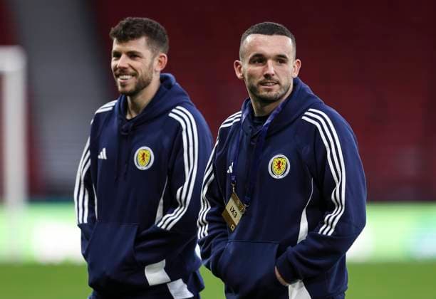 Football - 2023 2024 International Friendly, Länderspiel, Nationalmannschaft - Scotland vs Northern Ireland - Hampden Park - Tuesday 26th March 2024 Ryan Christie and John McGinn of Scotland are seen before the game 