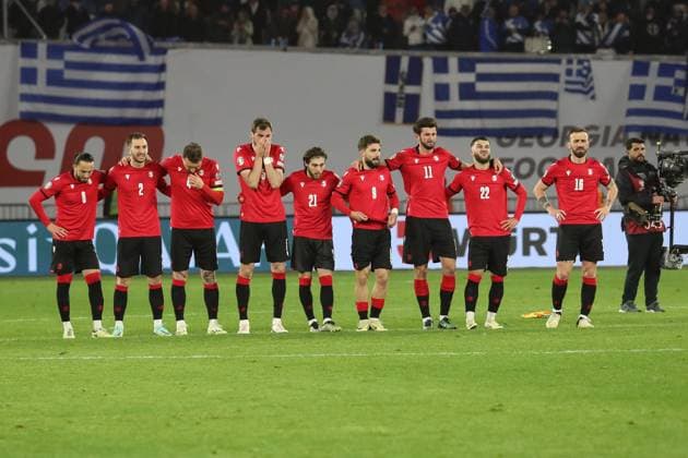 The team of Georgia during the penalty shootout of the UEFA European Championship, EM, Europameisterschaft Qualifying match between Georgia and Greece at the The Boris Paitchadze Dinamo Arena on March 26, 2024 in Tbilisi, Georgia. Tbilisi Boris Paitchadze Dinamo Arena, Akaki Tsereteli Avenue, Didube, Tbilisi, 0112, Georgia Georgia Copyright: xArturxStabulnieksx 421069