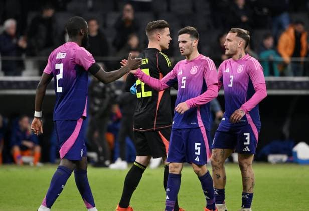 Cheering after the final whistle, from left , Antonio Rüdiger Germany , Goalkeeper Marc Andre ter Stegen Germany , Marc Andre ter Stegen, Pascal Gross, Pascal Gross Germany , David Raum Germany 26 03 2024, International soccer match Germany Netherlands 2 1 Frankfurt Deutsche Bank Park Germany Team2