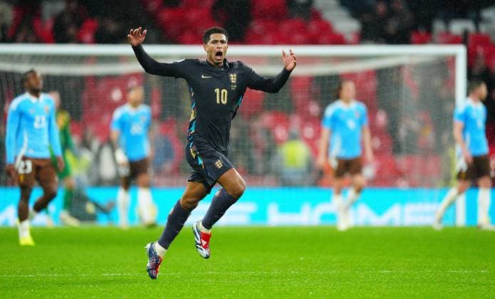 Jude Bellingham of England celebrates scoring a goal after making it 2-2 England v Belgium, International Friendly, Länderspiel, Nationalmannschaft Football, Wembley Stadium, London, UK - 26 Mar 2024 EDITORIAL USE ONLY No use with unauthorised audio, video, data, fixture lists, club league logos or live services. Online in-match use limited to 120 images, no video emulation. No use in betting, games or single club league player publications. Copyright: xJavierxGarcia Shutterstockx 14400427dy