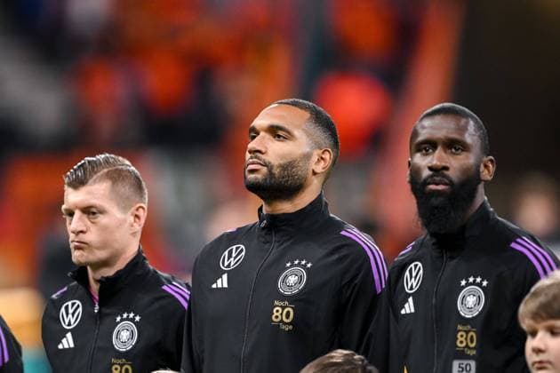 26 03 2024, Frankfurt, Germany, Deutscher Bank Park, Germany vs Netherlands International Friendly, Toni Kroos Germany , Jonathan Tah Germany and Antonio Ruediger Germany Looking Photo H Langer Frankfurt Deutscher Bank Park Germany 541_GERNED20240326_250 Langer-541