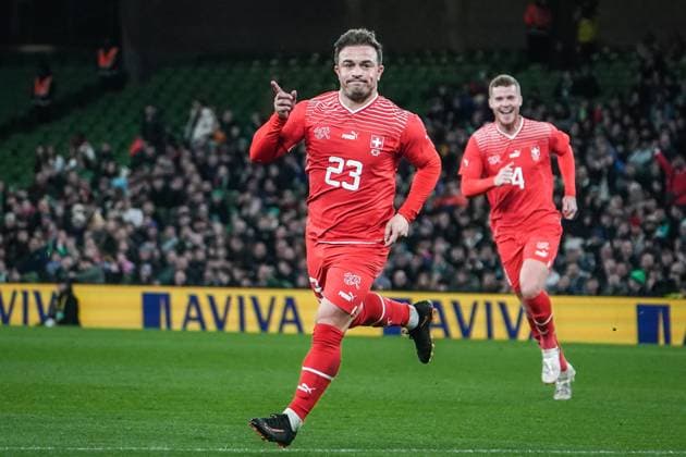 International Friendly, international match, national team Aviva Stadium, Dublin 26 3 2024 Republic of Ireland vs Switzerland Goal and goal celebration after the 1 0 by Swiss Xherdan Shaqiri with Swiss Nico Elvedi Dublin Aviva Stadium Ireland Copyright: xJoeranxSteinsiekx