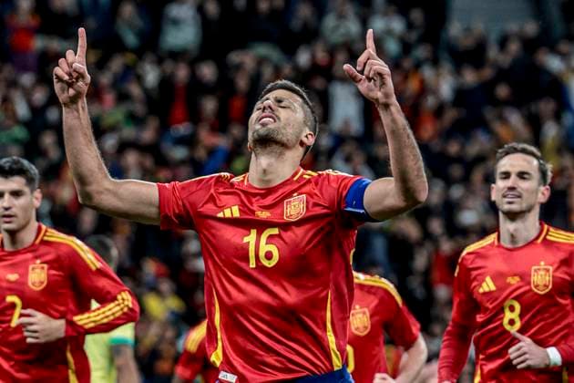 Friendly game between Spain and Brazil MADRID (ES) 03 26 2024-FOOTBALL FRIENDLY FRIENDS SPAIN BRAZIL- Rodri celebrates his goal, during a match between Spain and Brazil, valid for the Friendlies of the teams, held at the Santiago Bernabeu stadium, in the city of Madrid, this Tuesday- fair, 26. (Foto: Pedro Paulo Diaz Thenews2 imago images) SPO  Copyright: xPedroxPauloxDiazx