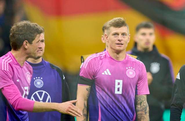 Thomas Müller, Mueller, DFB 13 Maximilian Mittelstädt, DFB 18 Joshua Kimmich, DFB 6 Toni Kroos, DFB 8 celebrate with fans after the friendly match GERMANY - NETHERLANDS 2-1 DEUTSCHLAND - NIEDERLANDE 2-1 in preparation for European Championships 2024 on Mar 26, 2024 in Frankfurt, Germany.