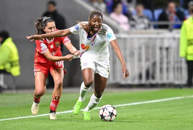 Kadidiatou Diani (lyon) vs Francisca Nazareth (benfica) FOOTBALL: Olympique Lyonnais FÃ minines vs Benfica Lisbonne - 1 4 de finale Ligue des Champions FÃ minine - 27 03 2024 FredericChambert Panoramic 