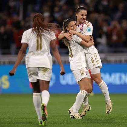 Lyon, France, 27th March 2024. Delphine Cascarino of Lyon celebrates with team mate Sara Dabritz after scoring to give the side a 1-0 lead during the UEFA Womens Champions League match at OL Stadium, Lyon. Picture credit should read: Jonathan Moscrop Sportimage EDITORIAL USE ONLY. No use with unauthorised audio, video, data, fixture lists, club league logos or live services. Online in-match use limited to 120 images, no video emulation. No use in betting, games or single club league player publications. SPI-3032-0018