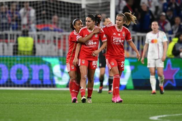 Joie de Francisca Nazareth (benfica) FOOTBALL: Olympique Lyonnais FÂŽminines vs Benfica Lisbonne - 1 4 de finale Ligue des Champions FÂŽminine - 27 03 2024 FredericChambert Panoramic 