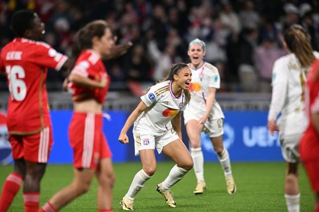 Joie de Delphine Cascarino (lyon) FOOTBALL: Olympique Lyonnais FÂŽminines vs Benfica Lisbonne - 1 4 de finale Ligue des Champions FÂŽminine - 27 03 2024 FredericChambert Panoramic 