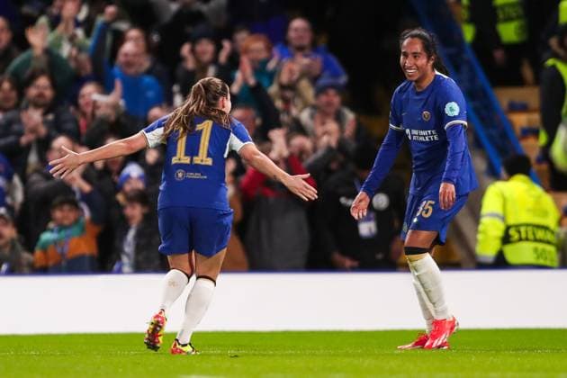 Chelsea FC Women v Ajax Women Chelsea s Guro Reiten (left) celebrates with Chelsea s Mayra Ramirez after scoring their side s first goal of the game during the Chelsea FC Women v Ajax Women UEFA Women s Champions League Quarter-Final 2nd leg match at Stamford Bridge, London, England, United Kingdom on 27 March 2024 Editorial use only. All images are copyright Every Second Media Limited. No images may be reproduced without prior permission. Copyright: xIMAGO EveryxSecondxMediax ESM-0965-0015