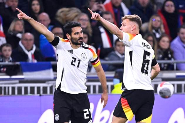 GUENDOGAN Ilkay Kapitaen Team Germany with KIMMICH Joshua Laenderspiel France Germany 0 2 am 23 03 2024 in Lyon DFL REGULATIONS PROHIBIT ANY USE OF PHOTOGRAPHS as IMAGE SEQUENCES and or QUASI VIDEO Copyright: xJerryxAndrex