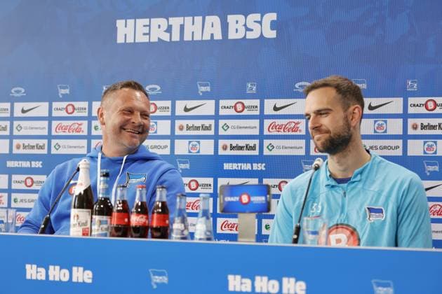 Head coach Pál Dárdai,Goalkeeper Marius Gersbeck, Germany, Berlin, Sportpark, GER, 2 FBL, Hertha BSC, Season 2023 24, Press conference before the home match against 1 FC Nürnberg