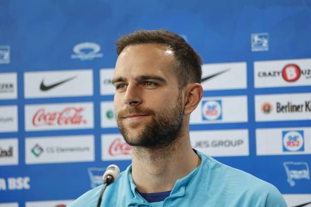 Goalkeeper Marius Gersbeck, Hertha BSC, Germany, Berlin, Sportpark, GER, 2 FBL, Hertha BSC, Season 2023 24, Press conference before the home match against 1 FC Nürnberg