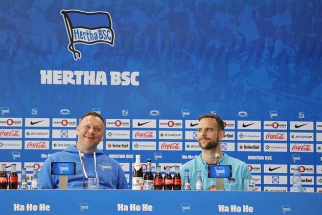 Head coach Pál Dárdai,Goalkeeper Marius Gersbeck, Germany, Berlin, Sportpark, GER, 2 FBL, Hertha BSC, Season 2023 24, Press conference before the home match against 1 FC Nürnberg