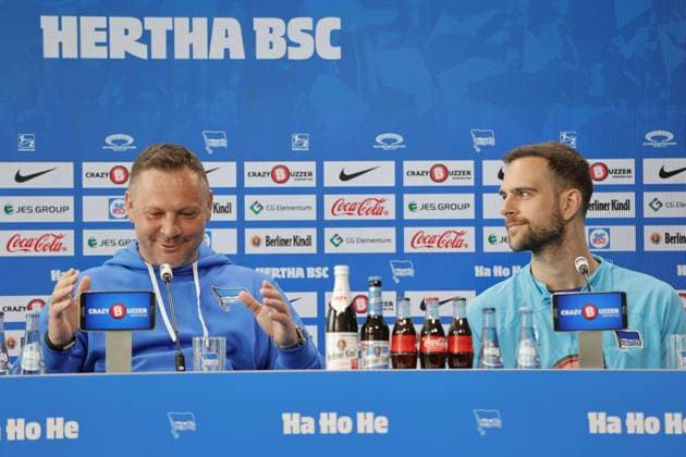 Head coach Pál Dárdai,Goalkeeper Marius Gersbeck, Germany, Berlin, Sportpark, GER, 2 FBL, Hertha BSC, Season 2023 24, Press conference before the home match against 1 FC Nürnberg