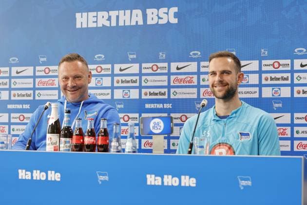 Head coach Pál Dárdai,Goalkeeper Marius Gersbeck, Germany, Berlin, Sportpark, GER, 2 FBL, Hertha BSC, Season 2023 24, Press conference before the home match against 1 FC Nürnberg