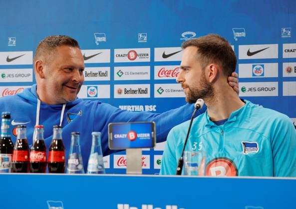Head coach Pál Dárdai,Goalkeeper Marius Gersbeck, Germany, Berlin, Sportpark, GER, 2 FBL, Hertha BSC, Season 2023 24, Press conference before the home match against 1 FC Nürnberg