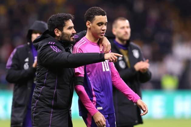 2024-03-26 Germany v Netherlands - International Friendly, Länderspiel, Nationalmannschaft FRANKFURT, GERMANY - MARCH 26: Ilkay Gundogan of Germany with Jamal Musiala of Germany during the International Friendly match between Germany and Netherlands at Deutsche Bank Park on March 26, 2024 in Frankfurt, Germany. (Photo by Peter Lous BSR Agency) Frankfurt Germany Content not available for redistribution in The Netherlands directly or indirectly through any third parties. Copyright: xBSRxAgencyx