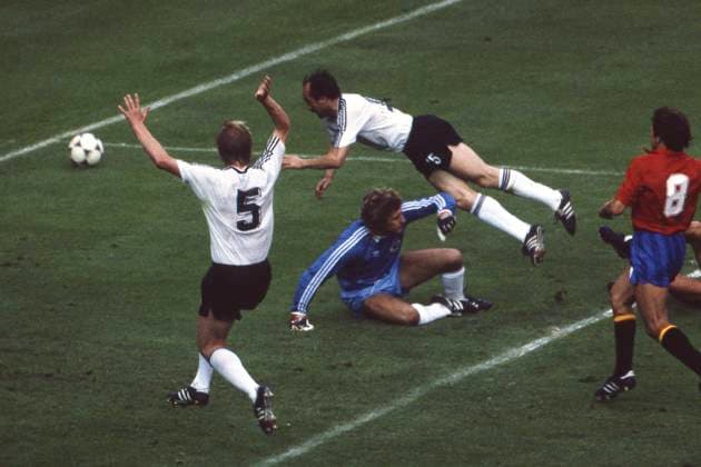 from left Bernd FOERSTER Förster , goalkeeper Harald Toni SCHUMACHER and Uli STIELIKE all GER , action, penalty area scene, Germany GER Spain ESP 0 1, 20 06 1984 in Paris, European Football Championship EM 1984 France Â