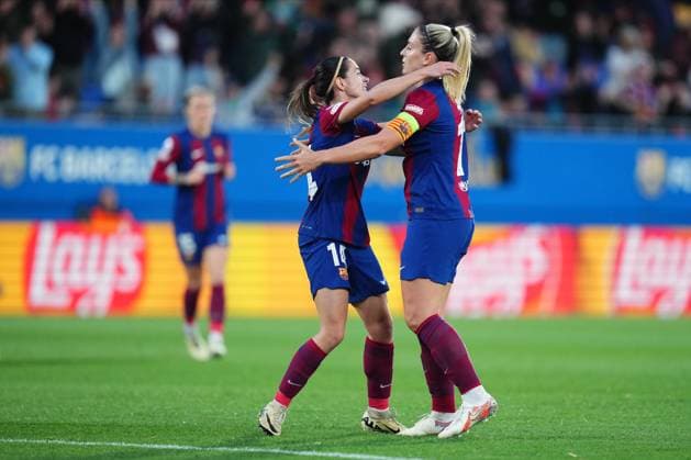ESP: FC Barcelona, Barca v SK Brann Kvinner. UEFA Champions League match. Quarter Finals Aitana Bonmati of FC Barcelona celebrates with his teammate Alexia Putellas after scoring the 1-0during the UEFA Women™s Champions League match, Quarter Finals, second leg, between FC Barcelona and SK Brann Kvinner played at Johan Cruyff Stadium on March 28, 2024 in Barcelona Spain. kpng Copyright: xBaguxBlancox xPRESSINPHOTOx PS_240328010