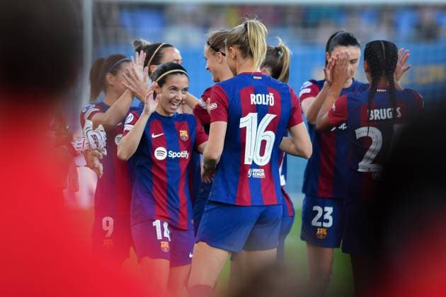 FC Barcelona, Barca v SK BRANN JOHAN CRUYFF STADIUM,BARCELONA. March 28,2024 FC BARCELONA vs SK BRANN. March 28,2024 Aitana Bonmati (14) of FC Barcelona (left) with Rolfo of Fc Barcelona during the match between FC Barcelona and SK Brann corresponding to the quarter-final tie of the women s UEFA Champions League at the Johan Cruyff Stadium in Barcelona, Spain, on March 28, 2024. Barcelona ESP Copyright: xS.xRosx