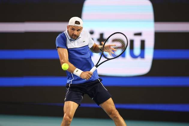March 28, 2024, Miami Gardens, Florida, United States Of America: MIAMI GARDENS, FLORIDA - MARCH 28: Grigor Dimitrov of Bulgaria defeats Carlos Alcaraz of Spain during their match on Day 13 of the Miami Open at Hard Rock Stadium on March 28, 2024 in Miami Gardens, Florida....People: Grigor Dimitrov Miami Gardens United States Of America - ZUMAs214 20240328_ada_s214_104 Copyright: xSMGx