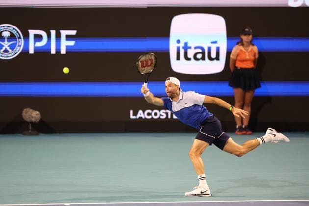March 28, 2024, Miami Gardens, Florida, United States Of America: MIAMI GARDENS, FLORIDA - MARCH 28: Grigor Dimitrov of Bulgaria defeats Carlos Alcaraz of Spain during their match on Day 13 of the Miami Open at Hard Rock Stadium on March 28, 2024 in Miami Gardens, Florida....People: Grigor Dimitrov 2024 Miami Open - Day 13  - ZUMAs214 20240328_ada_s214_088 Copyright: xSMGx