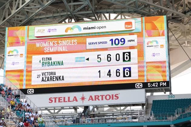 March 28, 2024, Miami Gardens, Florida, United States Of America: MIAMI GARDENS, FLORIDA - MARCH 28: Elena Rybakina from Kazakhstan defeats Victoria Azarenka from Belarus during the Quarterfinals of women s singles of 2024 Miami Open at Hard Rock Stadium on March 28, 2024 in Miami Gardens, Florida...People: Elena Rybakina 2024 Miami Open - Day 13  - ZUMAs214 20240328_ada_s214_214 Copyright: xSMGx