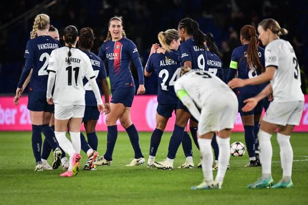 Women?s Champions League - PSG v BK Hacken Paris Saint-Germain s players celebrate scoring a goal during the Women s UEFA Champions League football match between Paris Saint-Germain and BK Hacken at the Parc des Princes stadium in Paris, France on March 28, 2024. Photo by Firas Abdullah ABACAPRESS.COM Paris France  Copyright: xAbdullahxFiras ABACAx