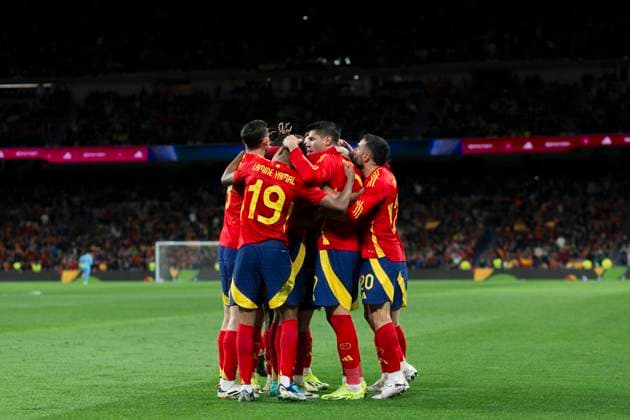 Spain v Brazil - International Friendly, Länderspiel, Nationalmannschaft Several players from Spain are celebrating a goal during the friendly match between Spain and Brazil at Santiago Bernabeu Stadium in Madrid, Spain, on March 26. Madrid Spain  Copyright: xGuillermoxMartinezx originalFilename:martinez-friendly240326_npo4n.jpg