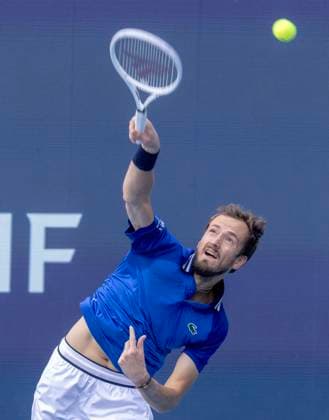Daniil Medvedev serving to Jannik Sinner from Italy during the Miami Open men s semifinals at the Hard Rock Stadium in Miami Gardens, Florida on Friday, March 29, 2024. Sinner defeated Medvedev 6-1,6-2 to advance to the men s finial. Photos By Gary I Rothstein UPI  MIA20240329108 GaryxIxRothstein