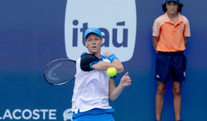 Jannik Sinner from Italy hits a forehand shot Daniil Medvedev during the Miami Open men s.semifinals at the Hard Rock Stadium in Miami Gardens, Florida on Friday, March 29, 2024. Sinner defeated Medvedev 6-1, 6-2 advancing to the Men s final. Photos By Gary I Rothstein UPI  MIA20240329103 GaryxIxRothstein
