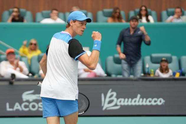 MIAMI GARDENS, FL - MARCH 29: Jannik Sinner (ITA) celebrates during the menÕs singles semifinals of the Miami Open on March 29, 2024, at Hard Rock Stadium in Miami Gardens, FL. (Photo by Andrew Patron Icon Sportswire) TENNIS: MAR 29 Miami Open EDITORIAL USE ONLY Icon2403290682