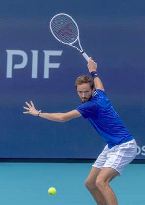 Daniil Medvedev hits a forehand shot to Jannik Sinner from Italy during the Miami Open men s semifinals at the Hard Rock Stadium in Miami Gardens, Florida on Friday, March 29, 2024. Sinner defeated Medvedev 6-1,6-2 to advance to the men s finial. Photos By Gary I Rothstein UPI  MIA20240329112 GaryxIxRothstein