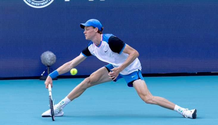 Jannik Sinner from Italy hits a forehand shot Daniil Medvedev during the Miami Open men s semifinals at the Hard Rock Stadium in Miami Gardens, Florida on Friday, March 29, 2024. Sinner defeated Medvedev 6-1, 6-2 advancing to the Men s final. Photos By Gary I Rothstein UPI  MIA20240329115 GaryxIxRothstein