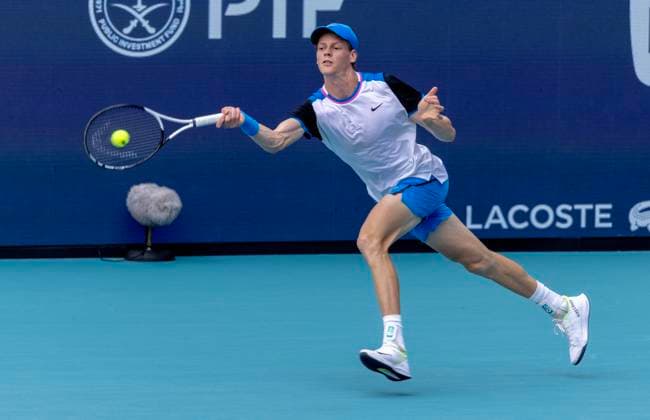 Jannik Sinner from Italy hits forehand shot to Daniil Medvedev during the Miami Open men s semifinals at the Hard Rock Stadium in Miami Gardens, Florida on Friday, March 29, 2024. Sinner defeated Medvedev 6-1, 6-2 advancing to the Men s final. Photos By Gary I Rothstein UPI  MIA20240329120 GaryxIxRothstein